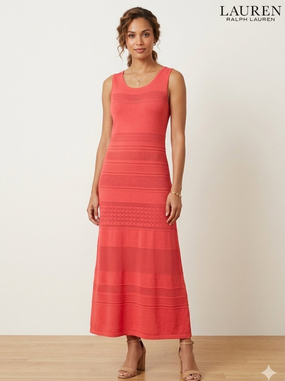 Lauren Ralph Lauren Coral Red Textured Stripe Knit Maxi Tank Dress XL